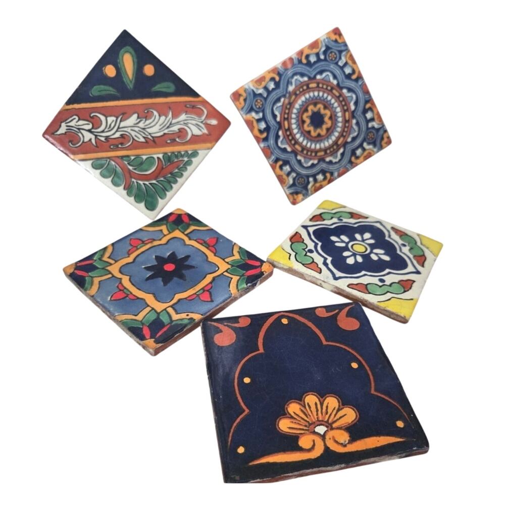 Lot 5 Vtg Hand Painted Decorative Talavera Mexican Tiles 4'x4" Terracotta